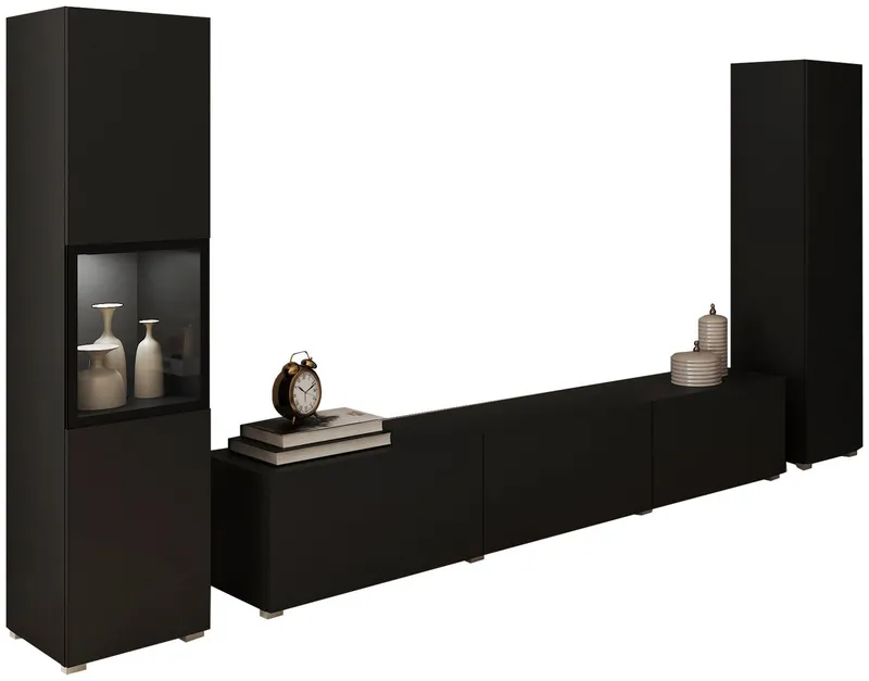 Home affaire Wohnwand BERLIN III, Vitrine Türschlag links/rechts wechselbar, (Komplett-Set, 3-St), moderne grifflose Mediawand Breite 260 cm, Vitrine mit Verglasung, Schwarz, – Produktbild 1 von 4