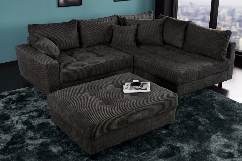 riess-ambiente Ecksofa KENT 220cm dunkelgrau - Cord, L-Form, Federkern, Hocker & Kissen, FSC, Set 2 Teile, Wohnlandschaft in Familiengröße - ideales Design fürs Wohnzimmer, Grau, – Produktbild 3 von 5