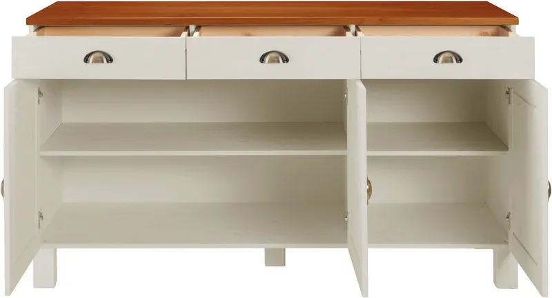 Home affaire Unterschrank Oslo 150 cm breit, 3 Türen, 3 Schubladen, aus massiver Kiefer, Metallgriffe, Weiß, – Produktbild 4 von 5