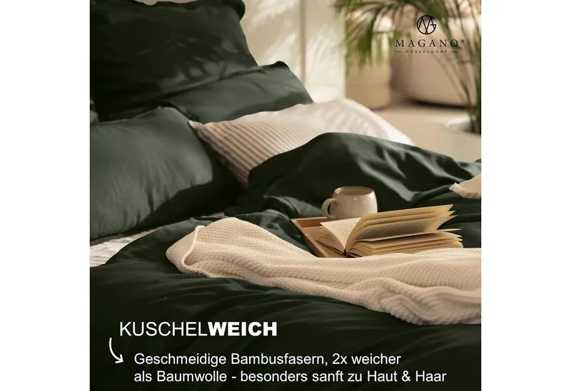 MAGANO Spannbettlaken Bambus & Baumwolle Satin, Luxus Bettlaken, Gummizug: rundum, 400 TC Luxusqualität, Hypoallergen, Thermoregulierend, Grün, – Produktbild 2 von 5