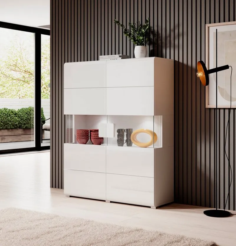 OTTO home Highboard Toledo,Breite 121,5 cm, trendige Hochkommode mit 2 Türen, Hochschrank mit Glas-Partien,stylische Hochglanzfronten, Weiß, – Produktbild 5 von 8