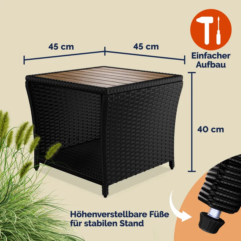 Casaria® Polyrattan Beistelltisch Schwarz 40x45x45cm Akazienholz – Produktbild 2 von 2