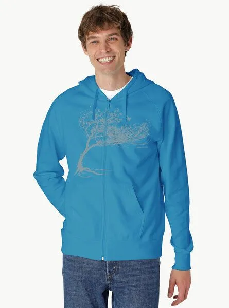 Peaces.bio - handbedruckte Biomode Peaces.bio - handbedruckte Biomode Bio Herren-Zip-Hoodie Windy Tree, Türkis, – Produktbild 3 von 3