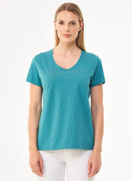 ORGANICATION ORGANICATION Damen Basic T-Shirt aus Bio-Baumwolle mit V-Ausschnitt, Petrol(petrol green), – Produktbild 1 von 4