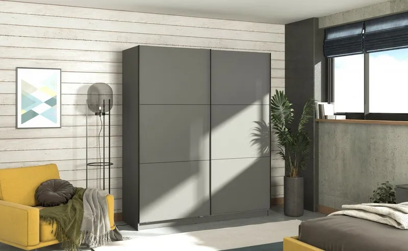 OTTO home Schwebetürenschrank Sierra klassischer Kleiderschrank Wäscheschrank 179 oder 217cm breit mit kompletter Inneneinteilung, FSC®-zertifizierter Holzwerkstoff, Grau, – Produktbild 2 von 3