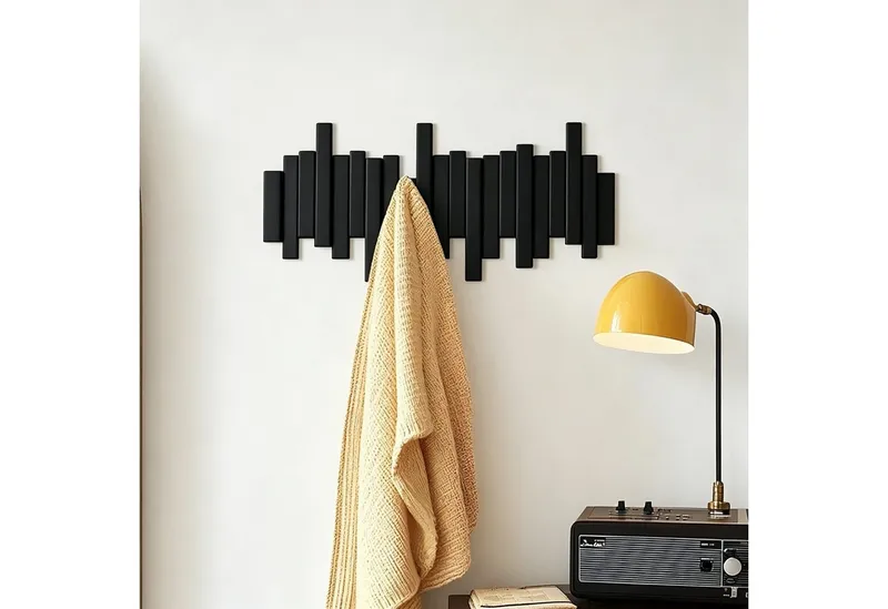 Fyrove Garderobenleiste Wandgarderobe,Hakenleiste aus Holz,6 Haken für Kleidung, ideal für Schlafzimmer, Diele, Flur, Badezimmer, Wohnzimmer, Schwarz, – Produktbild 4 von 5