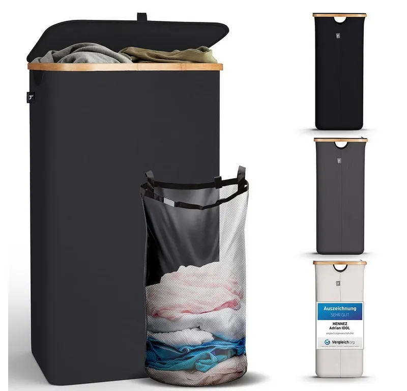 HENNEZ Wäschekorb mit Griff aus Bambus, 100 l – Wäschekorb mit Deckel, Schwarz, – Produktbild 1 von 5