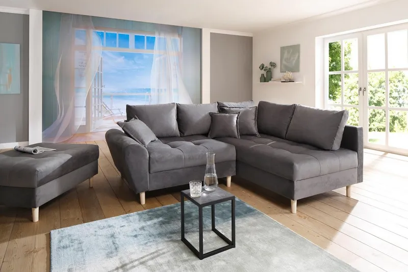 Home affaire Ecksofa Rice L-Form, B: 223 cm - OTTO. Verlässliche Qualität., Set: Sofa & Hocker, 3 Zierkissen, Federkern, Grau, – Produktbild 2 von 8