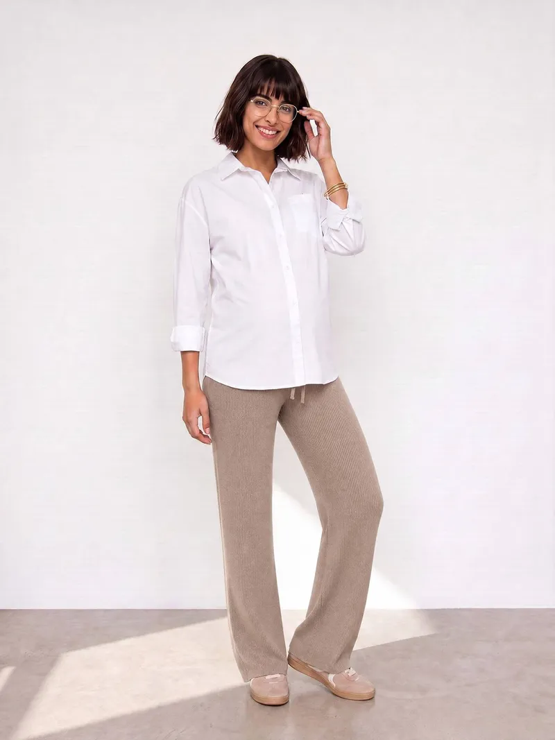 Vertbaudet Vertbaudet Weite Hose aus Rippstrick für Schwangerschaft & Stillzeit, Beige, – Produktbild 1 von 4