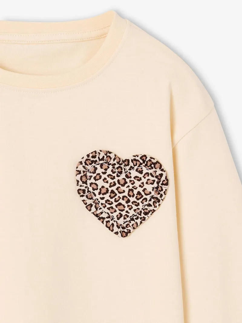 Vertbaudet Shirt mit Herz-Applikation Mädchen vanille/herz-leo, Vanille/herz-leo, – Produktbild 3 von 3
