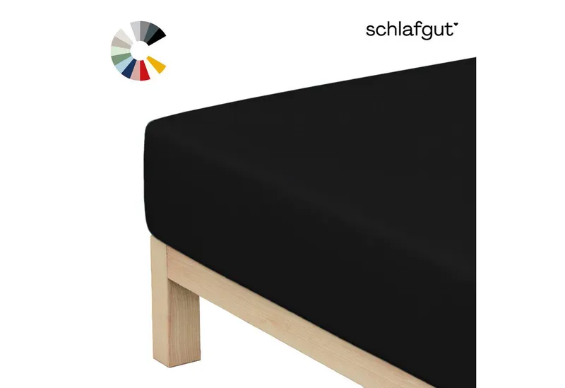 Schlafgut Schlafgut Spannbettlaken Basic Cotton Bettlaken, 160 g/m², 100% Baumwolle, Spannbetttuch, Jersey, Gummizug: rundum, (1 Stück), Spannbettlaken bis 20 cm Matratzenhöhe, bügelfrei und pflegeleicht, Schwarz, – Produktbild 1 von 5