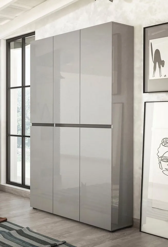 Home affaire Schuhschrank MISTER Schuhkommode, Schuhmöbel, Schuhregal, Hochglanz lackiert Breite 120 cm, Höhe 200 cm, 6 Türen, 24 Fächer, ca.58 paar Schuhe, Grau, – Produktbild 2 von 5