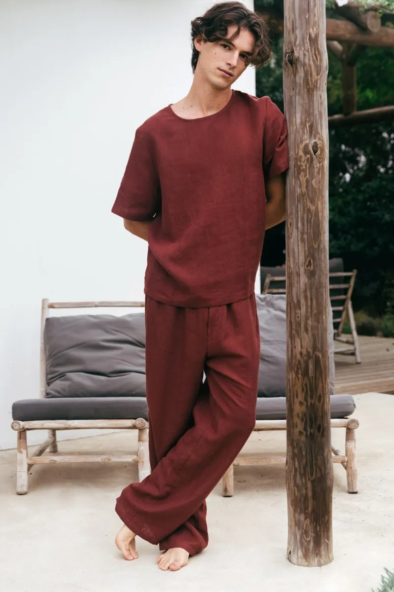 AmourLinen AmourLinen Herren vegan Set Pyjama Kurzarm Leo Terracotta, Braun, – Produktbild 2 von 2