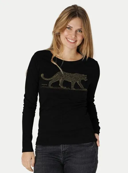 Peaces.bio - handbedruckte Biomode Peaces.bio - handbedruckte Biomode Bio-Damen-Langarmshirt Leopard, Schwarz, – Produktbild 1 von 2