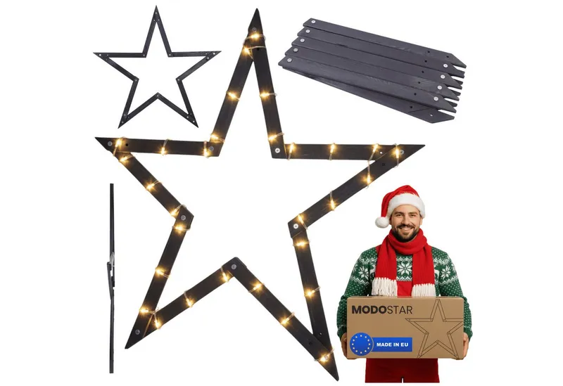 Modo24 Dekostern DIY MODOSTAR Weihnachtsstern Set aus FSC Holz 2D und 3D in 3 Breiten, zum Garten & Terrasse, wetterfest, faltbar & stabil, Weihnachtsdeko, Schwarz, – Produktbild 6 von 6