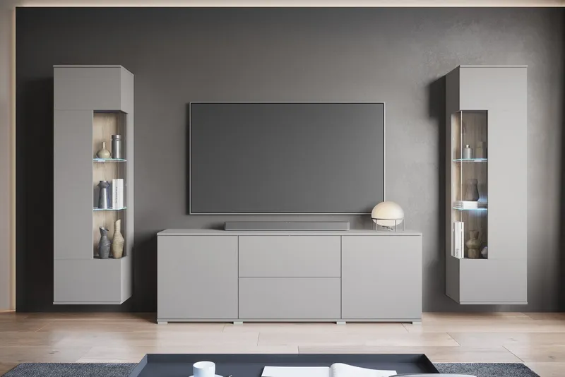 OTTO home Wohnwand KENIA, (Komplett-Set, 3-St), Vitrinen mit Eckverglasung, hängend und stehend montierbar, Grau, – Produktbild 2 von 5