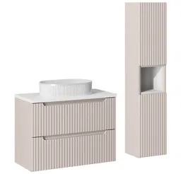 Lomadox Badmöbel-Set NEWPORT-56-CASHMERE, (Spar-Set, 2-St., Waschtisch Keramik-Aufsatzbecken Hochschrank Regaleinsatz), mit 80cm Waschtisch, Keramikwaschbecken, kaschmir mit weiß – Produktbild 1 von 1