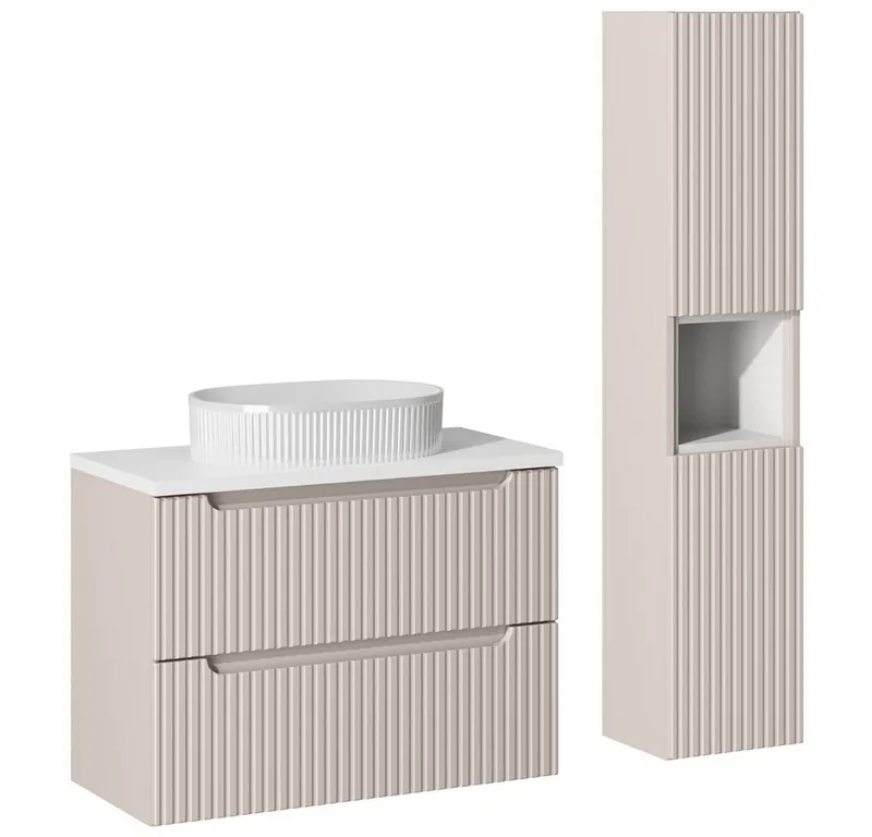 Lomadox Badmöbel-Set NEWPORT-56-CASHMERE, (Spar-Set, 2-St., Waschtisch Keramik-Aufsatzbecken Hochschrank Regaleinsatz), mit 80cm Waschtisch, Keramikwaschbecken, kaschmir mit weiß, Beige|weiß, – Produktbild 1 von 5