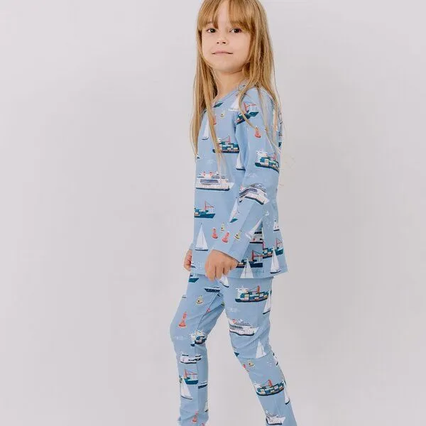 Walkiddy Walkiddy Leggings Hellblau Marine Adventures Schiffe-Allover Bio-Baumwolle GOTS – Produktbild 2 von 3