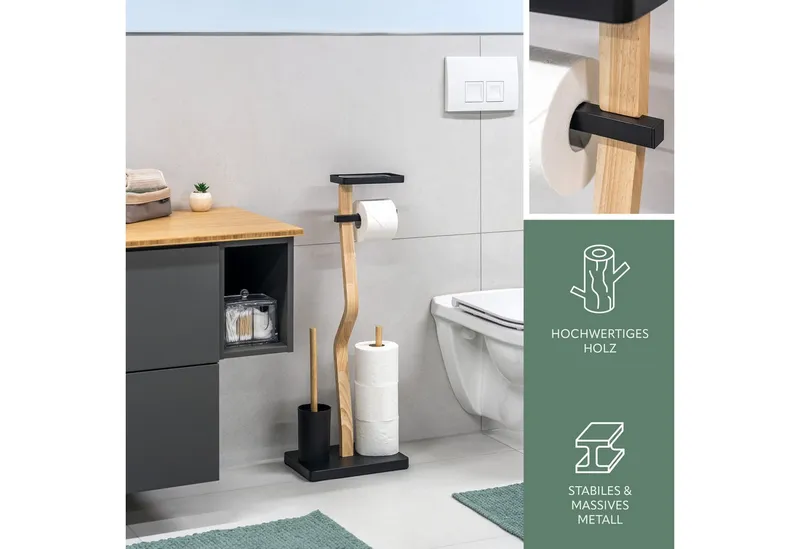 eluno WC-Garnitur freistehend, aus FSC-zertifiziertem Holz und schwarzem Metall, Schwarz, – Produktbild 4 von 5