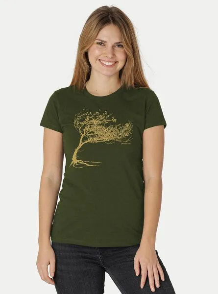 Peaces.bio - handbedruckte Biomode Peaces.bio - handbedruckte Biomode Bio-Damen-T-Shirt "Windy Tree", Waldgrün, – Produktbild 1 von 2
