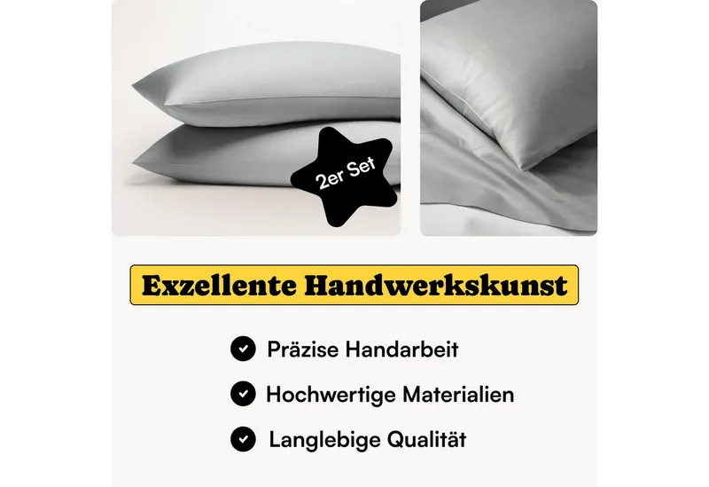 Seralino Kissenbezüge Mako Satin Kissenbezug (100% Bio Baumwolle) weich, hautfreundlich, (2 Stück), Fairtrade/ GOTS zertifizierte uni Kissenhülle mit Reißverschluss, Blau|grau, – Produktbild 2 von 5