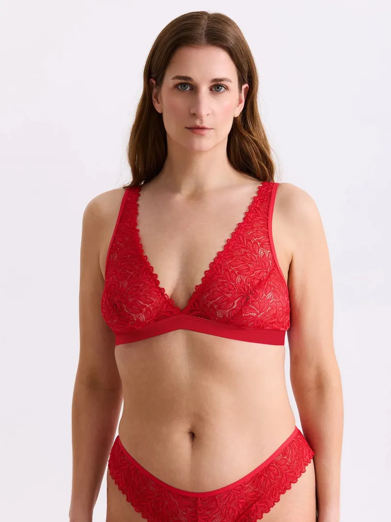 erlich textil erlich textil Dreamy Lace Plunge Bra BH mit Spitze aus recyceltem Polyamid, made in Europe, Chilirot, – Produktbild 1 von 5