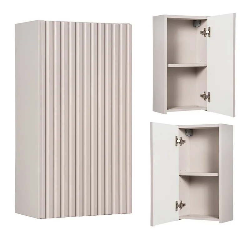 Lomadox Badmöbel-Set NEWPORT-56-CASHMERE, (Spar-Set, 5-St., Hängeschränke LED-Spiegel Waschtisch Hochschrank), 60cm Keramikwaschbecken, LED-Beleuchtung, in kaschmir, Beige|weiß, – Produktbild 4 von 5