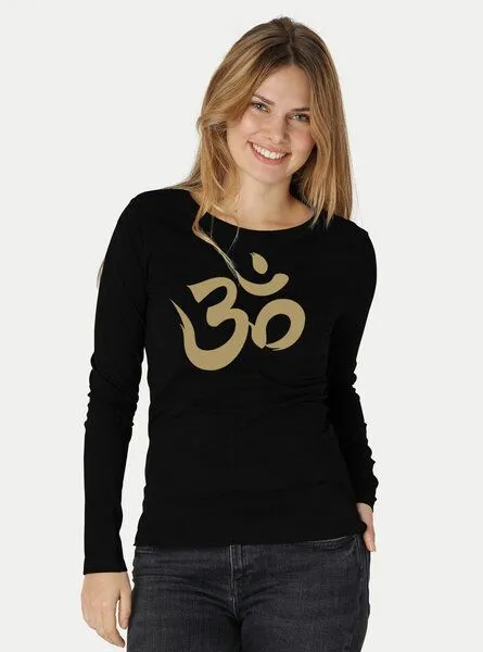 Peaces.bio - handbedruckte Biomode Peaces.bio - handbedruckte Biomode Bio-Damen-Langarmshirt "OM", Schwarz, – Produktbild 2 von 3
