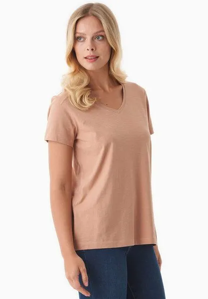 ORGANICATION ORGANICATION Damen Basic T-Shirt aus Bio-Baumwolle mit V-Ausschnitt, Tan, – Produktbild 3 von 4