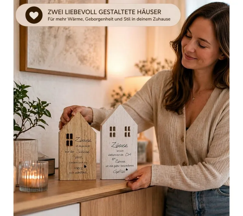 Topanbieter999 Dekoobjekt Holz Deko Häuser mit Sprüchen Set (2er Set weiß/natur), handgearbeitet, FSC 100%, kein Aufbau erforderlich – Produktbild 2 von 5