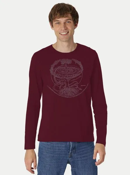 Peaces.bio - handbedruckte Biomode Peaces.bio - handbedruckte Biomode Bio-Herren-Langarmshirt "Weltenesche", Bordeaux, – Produktbild 2 von 2