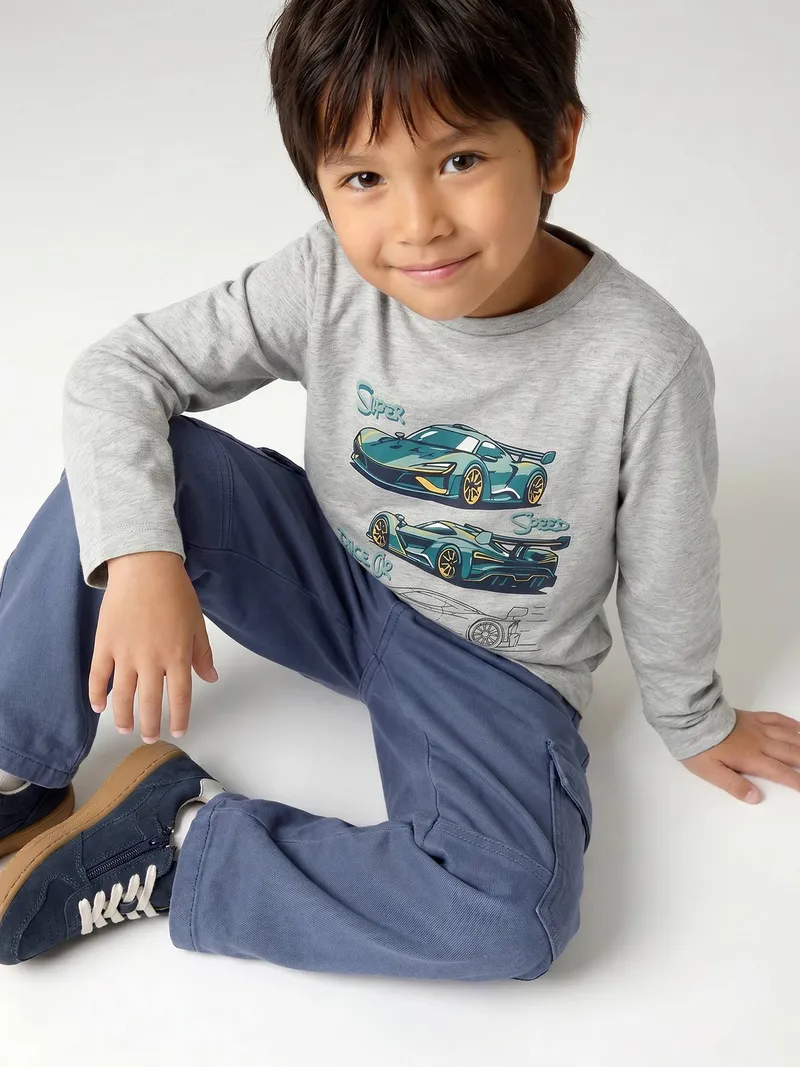 Vertbaudet Jungen Langarmshirt mit witzigem Sport-Print, Grau meliert, – Produktbild 2 von 4