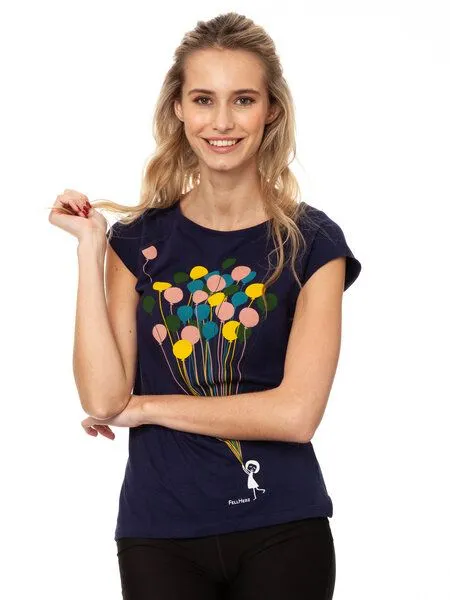 FellHerz FellHerz Damen T-Shirt Balloons Girl Bio Fair, Midnight (blau), – Produktbild 1 von 4