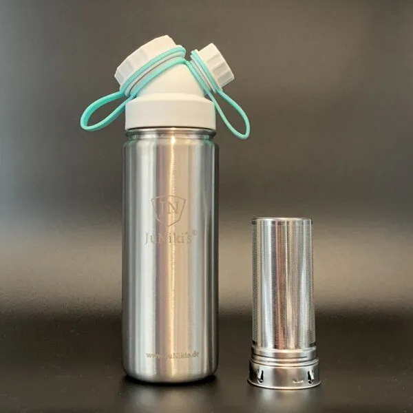 JN JuNiki's JN JuNiki's Cold Brew | eco line isolierte Edelstahl Trinkflasche 550ml + Edelstahl-Filter, Weiss-türkis, – Produktbild 1 von 3