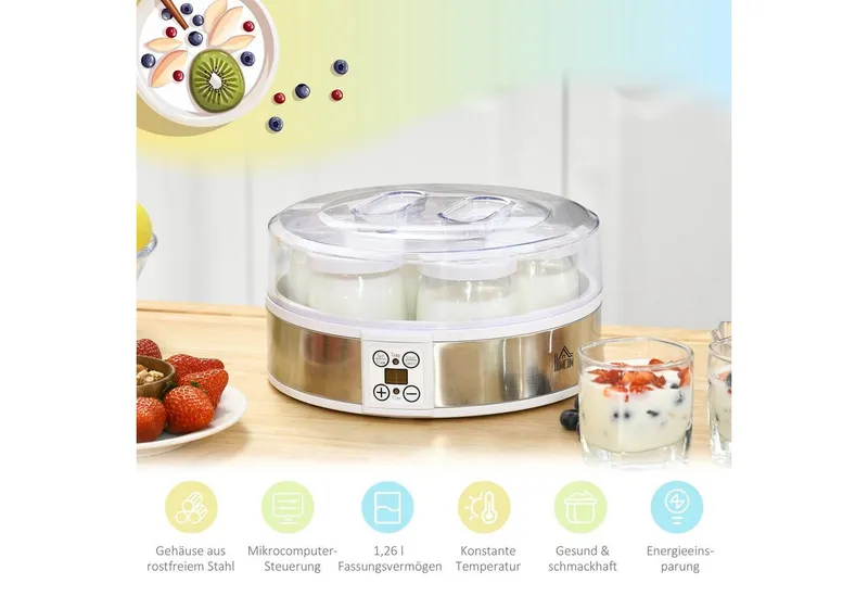 HOMCOM HOMCOM Joghurtbereiter Joghurtmaschine mit Timer, Joghurt-Maker mit Temperatur-Einstellung, 7 Portionsbehälter, je 180 ml, 7 Gläser à 180 ml, automatischer Abschaltung, 20 W, Weiß, – Produktbild 5 von 5