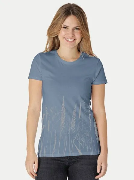 Peaces.bio - handbedruckte Biomode Peaces.bio - handbedruckte Biomode Damen Fit T-Shirt Gräservielfalt, Blaugrau, – Produktbild 2 von 2
