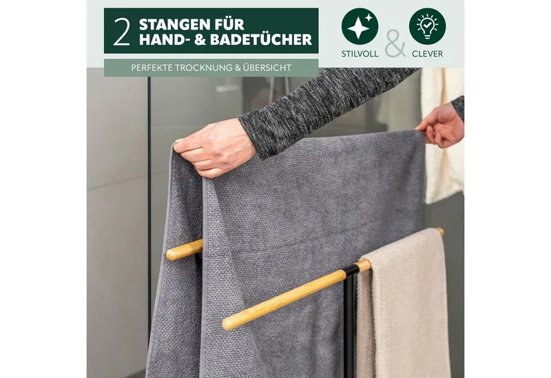 eluno Handtuchständer Stand-Handtuchhalter Handtuchständer freistehend, 2 Stangen Bambus, freistehend, Schwarz, – Produktbild 3 von 5