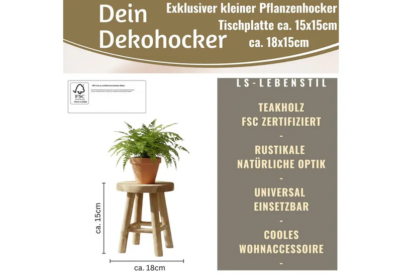 LS-LebenStil Blumenständer Pflanzenhocker Teak Holz Rund 18x15cm Niedriger Blumenständer Hocker (Design Deko Hocker Mini Tisch rustikales kleines Tischchen Holzhocker, 1 St., Braun 4 Füße kleiner Pflanzenständer Pflanzentisch Holzhocker Deko), FSC zertifiziert, Braun, – Produktbild 1 von 5