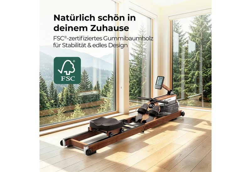 JASPORT Rudergerät M1 Wasserwiderstand aus Holz, klappbar, LCD, für Zuhause, bis 150 kg (Mit Smartphone-/Tablet-Halterung und Transportrollen), FSC-Holz, 20-l-Wassertank, Kinomap, bis 150 kg belastbar, Braun, – Produktbild 3 von 5