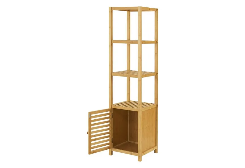 en.casa Standregal, »Liminka« Badregal mit Schranktür 4 Ablagen Bambusregal Natur, Beige, – Produktbild 4 von 4