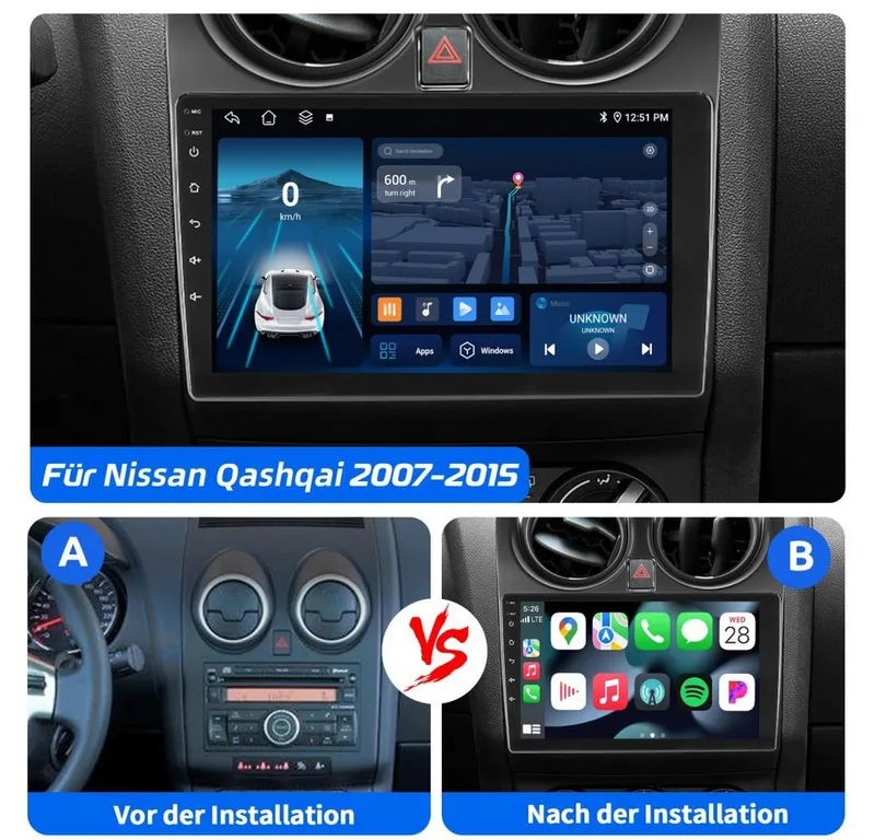 ESSGOO DAB+ Carplay Für Nissan Qashqai J10 2007-2015 GPS Navi Android 15 RDS Autoradio (4+64GB(optional), FM, AM, DAB+ (optional), Carplay Android Auto Bluetooth EQ USB GPS Navi WIFI Touchscreen), Schwarz, – Produktbild 5 von 5