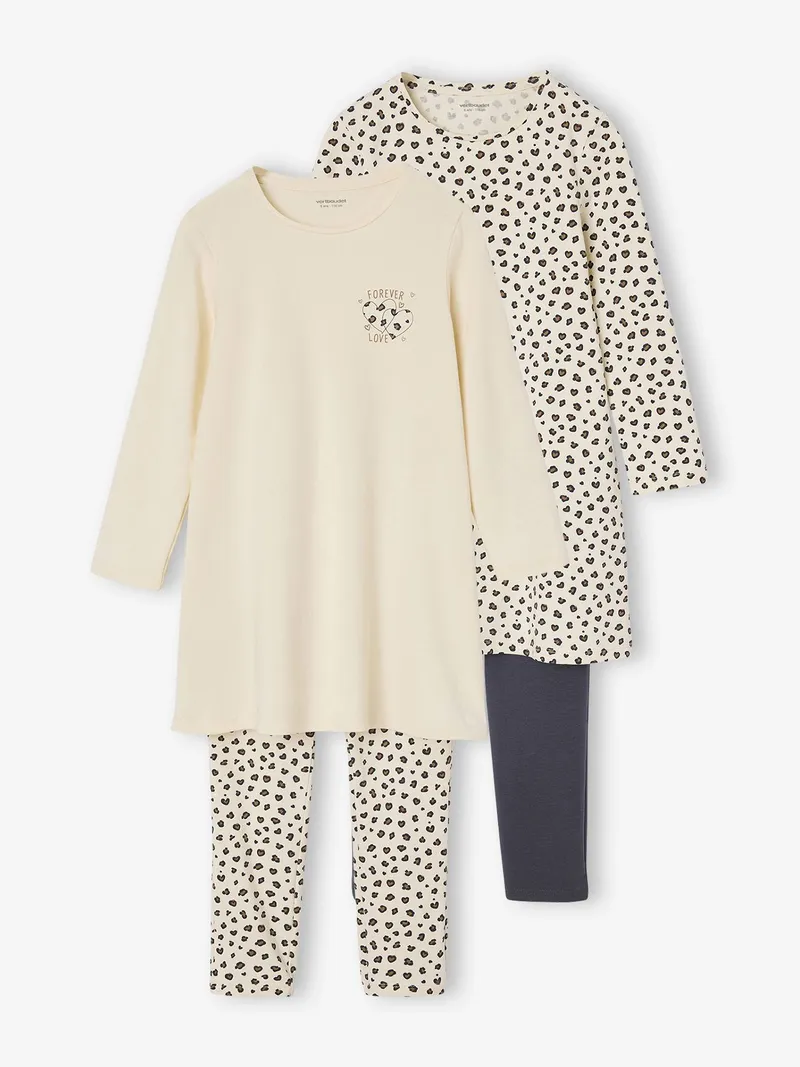 Vertbaudet Vertbaudet 2er-Pack Mädchen Nachthemden mit Leggings, Wollweiß, – Produktbild 1 von 3