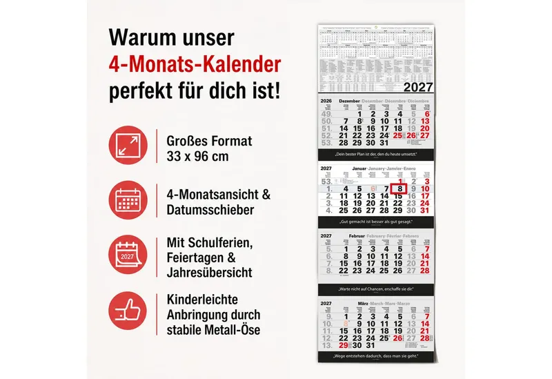 TOBJA Wandkalender 4 Monatskalender 2027 Block 33x96 Zitate Metallöse FSC DE/EN/FR/ES, Block-Format, Zitate Franklin/Kafka, 33x96 cm, Metallöse, 4-sprachig, Schwarz, – Produktbild 2 von 5