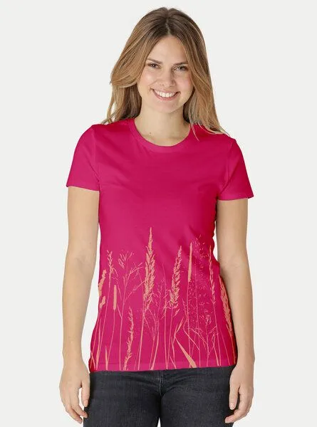 Peaces.bio - handbedruckte Biomode Peaces.bio - handbedruckte Biomode Damen Fit T-Shirt Gräservielfalt, Pink, – Produktbild 2 von 2