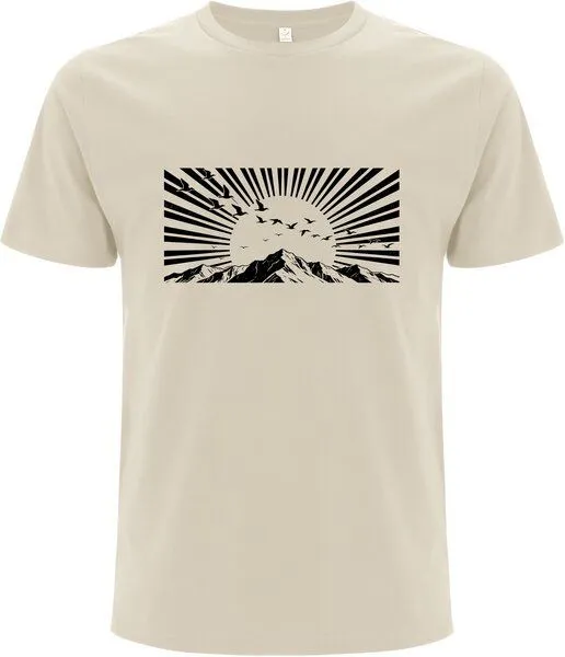 Spreecult Spreecult Holzschnitt Sonnenstrahlen - Bio und Fair - Männer Unisex T-Shirt - Berge u Vögel, Natural (weiß), – Produktbild 2 von 2