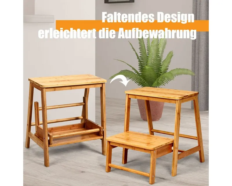 COSTWAY COSTWAY Klapptritt faltbar Klapphocker Holz, 2-Stufen, Bambus bis 100kg, 45x51x48cm, Beige, – Produktbild 4 von 5