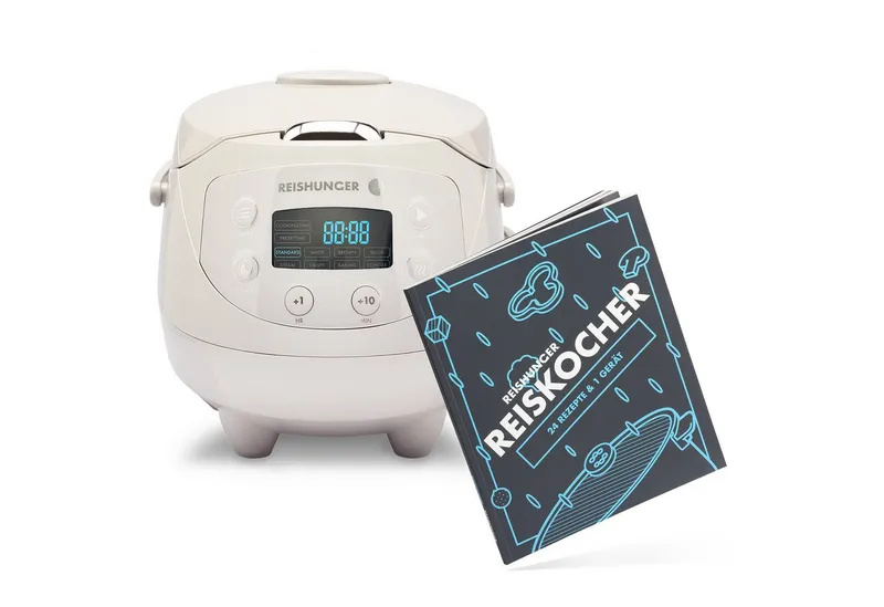 Reishunger Reishunger Reiskocher Digital Mini – 0,6 L – Multikocher – 8 Programme – Keramikbeschichtung, 350 W, Dämpfeinsatz, Messbecher, Reislöffel, Timer- und Warmhaltefunktion, Grau, – Produktbild 1 von 5