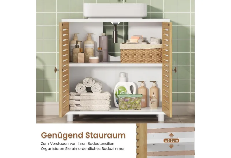 MSMASK Waschbeckenunterschrank Badezimmerschrank mit 2 Türen, Große Schublade, 30 x 60 x 65 cm, Weiß Offene Fächer an Einer Seite, Rechts Oder Links Austauschbar, Beige, – Produktbild 4 von 5