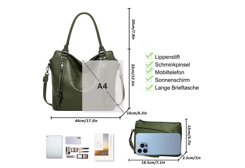 TANTOMI Handtasche Damen Schultertasche Groß Shopper Vegan Handtasche, Handtaschen Umhängetasche Geldbörse Damen Taschen 2-Tlg, Grün, – Produktbild 5 von 6
